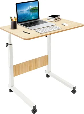 Zdjęcie produktu dla Mobilny stolik pod laptop – biurko komputerowe z regulacją wysokości – blat o wymiarach 60x40 cm – z kółkami – do pracy stojącej i siedzącej – udźwig 15 kg – kolor brązowy