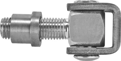 A close-up, side view of a metal hinge component with threaded ends and a nut.