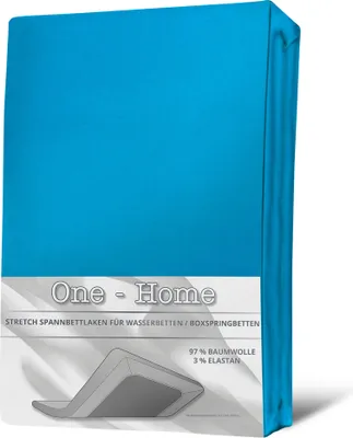 A folded turquoise bed sheet is presented in its packaging.