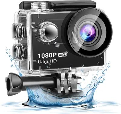 Zdjęcie produktu dla kamera sportowa 1080P Ultra HD z 2,0-calowym ekranem LCD, 12 MP, wodoodporna do 30 m, odporna na wstrząsy, szerokokątna 120′ã, z wodoodpornymi adapterami do obudowy