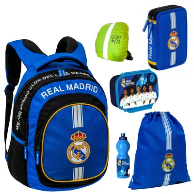 Produktbild von Schulranzen für Mädchen, 6er-Set - Schul-Rucksack für Kinder mit Federmäppchen - Schuhbeutel und Regenschutz - Real Madrid Motiv