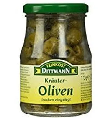 Produktbild von Feinkost Dittmann Kräuteroliven, grün ohne Stein, 170 g