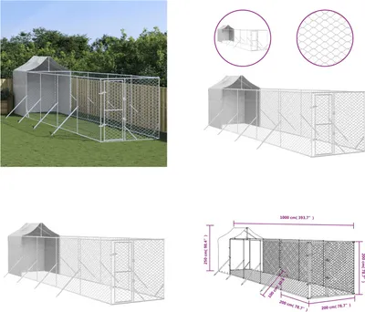 Image de vidaXL Chenil extérieur avec toit argenté 2x10x2,5 m acier galvanisé - niche pour chien extérieur - chenil extérieur - cage pour chien