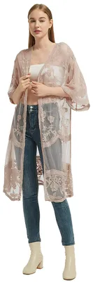 Produktbild von Anna-Kaci Langer Kimono-Cardigan mit Spitze und halben Ärmeln für Damen, hautfar