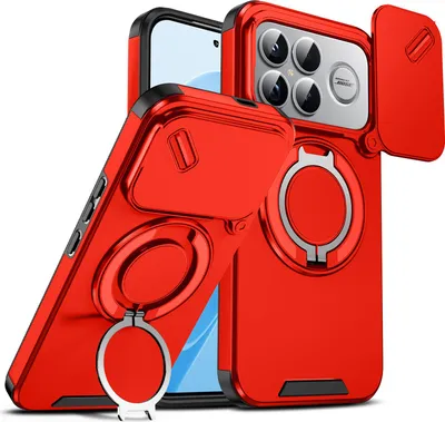 Image de Étui double couche pour Xiaomi Poco F8 Ultra/Redmi K90 Pro Max, avec cache coulissant pour appareil photo et anneau magnétique rouge