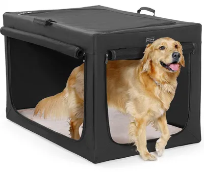 Produktbild von Hundebox faltbar für Zuhause & Auto L 102x64x64cm Schwarz mit Netzfenstern & Plüschbetteinlage