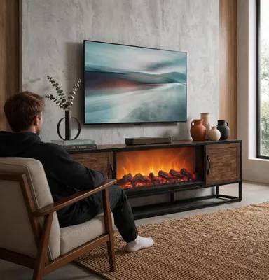 Image de Meuble TV en bois et métal, design industriel, style rustique, étagère, grille