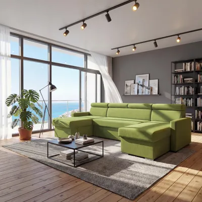 Produktbild von Sofiland Vega U Ecksofa U-Form mit Schlaffunktion & Bettkasten Samt 305 cm Grün