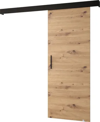 A sliding door with a wooden texture and a black handle, mounted on a black rail against a white background.