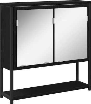 A black wooden cabinet with mirrored doors and a shelf underneath, presented against a white background.