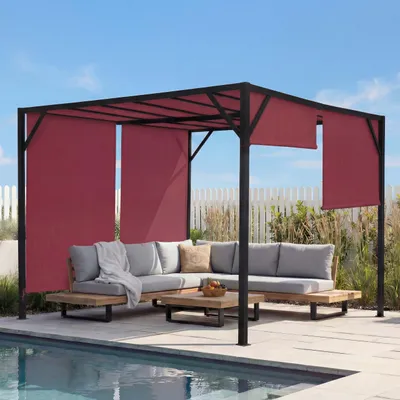Produktbild von Pergola Baia, Garten Pavillon Terrassenüberdachung, stabiles 6cm-Stahl-Gestell + Schiebedach bordeaux-rot  3x3m