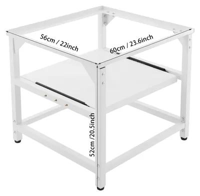 Zdjęcie produktu dla Metalowa podstawa do pralki – podstawa pod pralkę i suszarkę – udźwig 150 kg – wysuwana półka – regulowane, antypoślizgowe nóżki – podwyższona krawędź – kolor biały