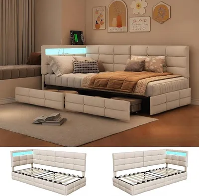 Productafbeelding van Bed met opbergruimte, 90x200 cm, slaapbank met 2 lades, eenpersoonsbed, daybed met LED-verlichting en USB-aansluiting, jeugdbed met lattenbodem, linnen, zonder matras (beige, 90 x 200 cm)