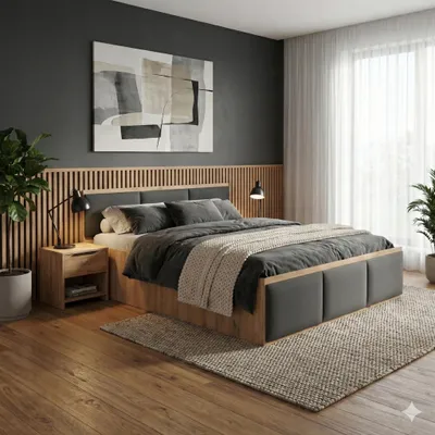 Produktbild von Komvortowy | Polsterbett 120x200 Cm | EICHE CRAFT GOLD | Doppelbett Mit Metall-Lattenrost & Gasdruckfeder |DUNKELGRAUE POLSTERPANEEL| Bettkasten Ohne Bodenplatte | Stauraumbett | Hochklappbar