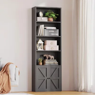 Image de Étagère de rangement avec 2 portes, 6 étagères, en bois, dimensions : 55,5 x 23,5 x 181 cm, couleur noire
