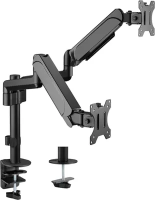 Imagen del producto de Soporte de mesa para monitor, modelo 650133, compatible con pantallas de 17" a 32", capacidad de carga de 9 kg, doble pantalla, rotación de 360°, sistema de amortiguación a gas
