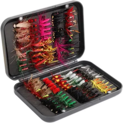 Produktbild von 100 Stück Fliegenfischen Set - Sortiment Set mit Aufbewahrungsbox - Nasse und Trockene Fliegen, Nymphen, Streamer, Fliegenköderhaken für Forelle, Barsch, Lachs, Fliegenfischen Zubehör, Ausrüstung, Geschenk
