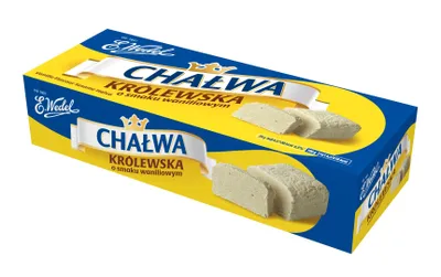 A product box for E. Wedel Chalwa Krolewska Sesam-Halva with vanilla flavor.