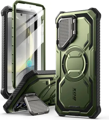 A rugged phone case with a built-in screen protector and kickstand, shown from multiple angles.