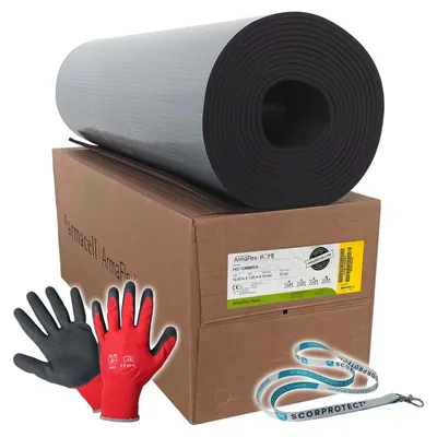Produktbild von Armaflex Home Kautschuk Platten selbstklebend : Isolierstärke 10 mm, 1000 x 10000 mm = 10 qm + rote Handschuhe