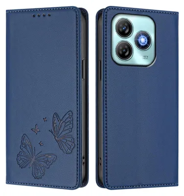 Produktbild von Lederhülle für ZTE Blade A75 4G, Schmetterling Prägung Leder Brieftasche Schutzhülle mit Ständer Dunkelblau