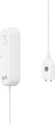 A white smart home water sensor and its plug are shown against a white background.