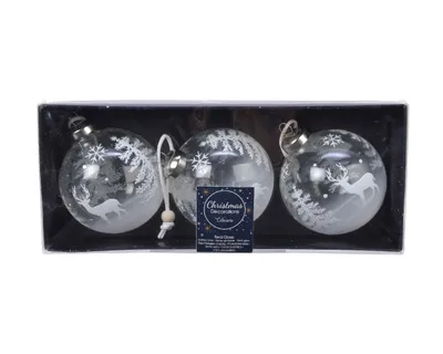 Produktbild von Weihnachtskugeln Glas Hirsch im Winterwald 8cm klar / weiß, 3er Set
