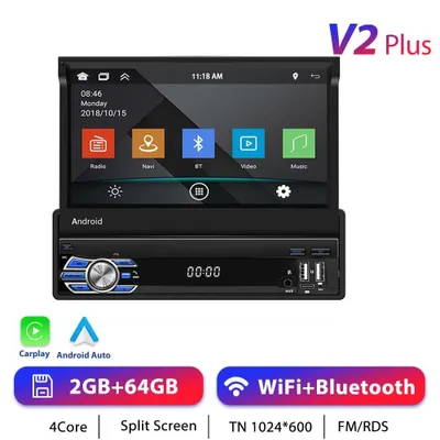 Obrázok produktu pre Autorádio – multimediálny prehrávač 1-DIN s Androidom 13 – dotykový displej 17,8 cm – CarPlay – 2 GB RAM + 64 GB ROM – WiFi a GPS navigácia – rozlíšenie 1024×600 – 2×USB + USB-C