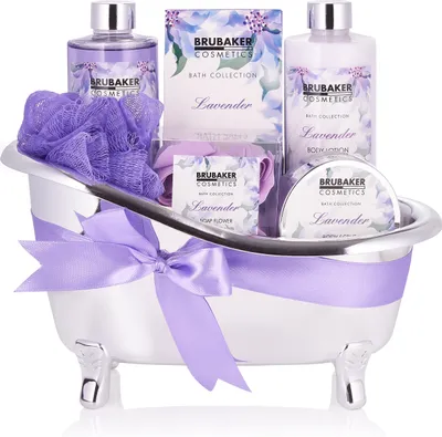 Produktbild von BRUBAKER Cosmetics Bade- und Dusch Set Lavendel - 7-teiliges Geschenkset in dekorativer Wanne