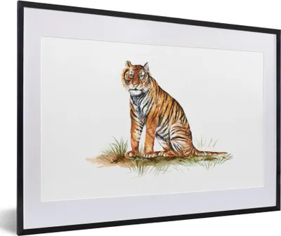 Produktbild von MuchoWow® MuchoWow® Gerahmtes Poster Tiger - Gras - Orange 60x40 cm - Poster mit zchwarzem Bilderrahmen - Schlafzimmer - Plakat in Rahmen - Drucken