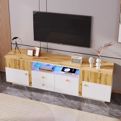 Immagine prodotto di Mobile TV AIORBER, con cassetti, divisorio in vetro, effetti luce LED, venature del legno naturale, pannello basso, truciolato, per soggiorno, 180x35x50cm, bianco