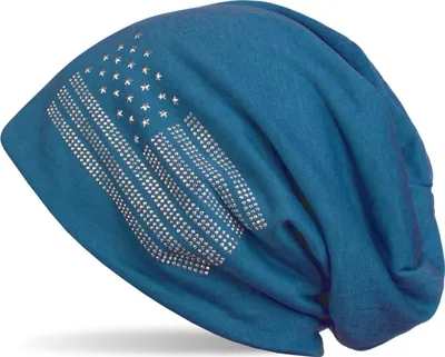 Produktbild von styleBREAKER Beanie Mütze USA Flaggen Design mit Strass-Applikationen, Uni, Jersey leicht Übergang Frühling Herbst