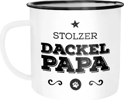 Produktbild von Emaille Tasse Becher Stolzer Hundepapa Papa Besitzer Hundebesitzer Kaffeetasse Moonworks® Dackel weiß-schwarz unisize
