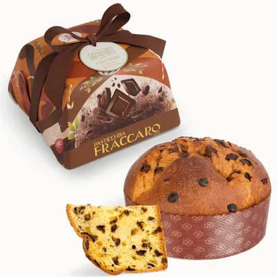 Produktbild von Handwerklicher Schokoladen-Panettone 750 gr Pasticceria Fraccaro 1932 – Panettone mit Schokoladenpralinen, Teig mit Mutterhefe, hergestellt in Italien