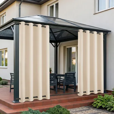 Produktbild von Vorhang Wasserdicht Sonnenschutz Gardine Wetterfest Verdunkelungsvorhang mit Ösen für Outdoor Terrasse Balkon Pergola, 132x213cm, Beige