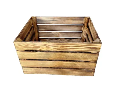 A wooden crate shown from a slightly elevated front-facing angle against a white background.