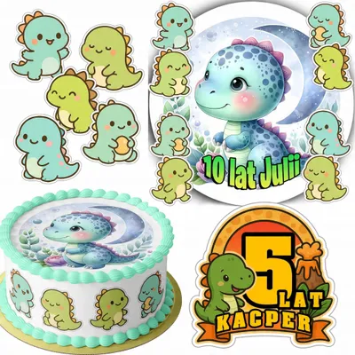 Zdjęcie produktu dla Zestaw Opłatek Na Tort 20Cm + 16 Postaci - Dino Dinozaur + Imię 15Cm 18Cm
