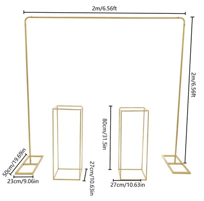 Produktbild von Hochzeitsbogen & Ballonständer - Rechteckiger Metallrahmen mit Basis - 2×2 m - Set: 1 Ballonständer + 2 Blumenständer 80 cm - Traglast 8/5 kg - Bodenstehend - Gold