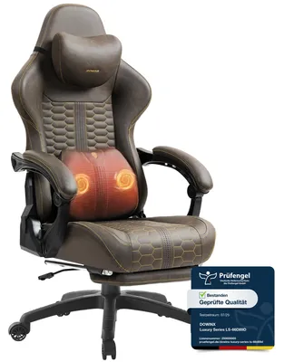Produktbild von Gaming-Stuhl Big & Tall, Massage-Lendenstütze, Fußstütze, ergonomisch, Kunstleder, 180 kg.Braun