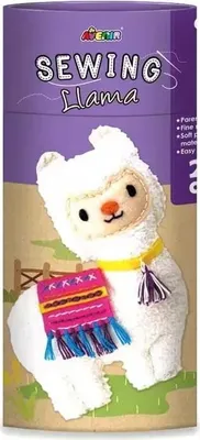 The image shows the packaging for a sewing kit shaped like a llama.