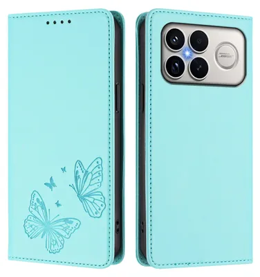 Image de Étui en cuir pour Xiaomi Poco F8 Ultra/Redmi K90 Pro Max, étui de protection en cuir gaufré motif papillon avec support, couleur turquoise