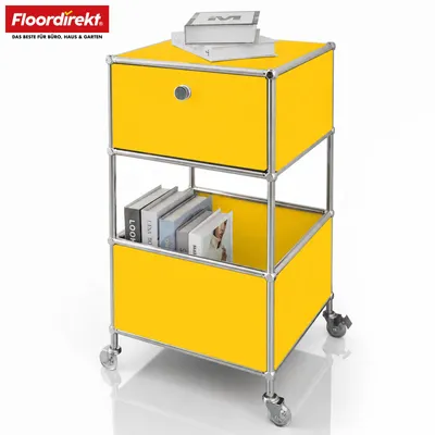 Obrázek produktu pro Mobilní regál Concept Epure MK-145 – Žlutý kovový vozík s policemi 40x40x75 cm, 3 patra, s zásuvkou, mobilní úložný regál