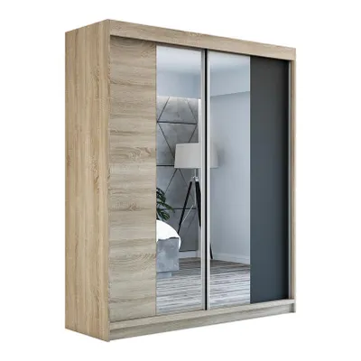 Productafbeelding van Schuifdeurenkast, 2 deuren, model ELEGANZA, 180 cm (met spiegel), Sonoma / sonoma / zwart