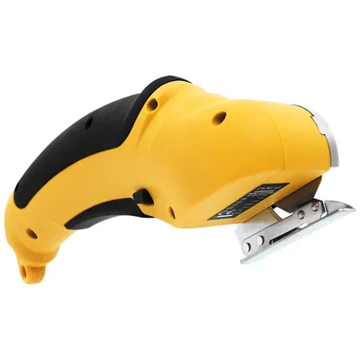 A yellow and black cordless electric scissors on a white background.