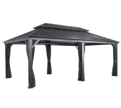 A dark gray metal gazebo with a double-tiered roof and black mesh curtains hanging from the sides, presented against a plain white background.