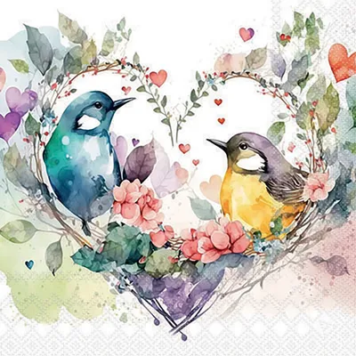 Produktbild von Servietten Papier 25x25cm 3-lagig Vogelpärchen in einem Herz 20 Stück