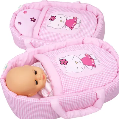 Produktbild von Puppentrage BOBO mit abnehmbarer Bettwäsche und Applikation - Tragetasche für Puppen bis 45 cm – Rosa Karo mit Katze