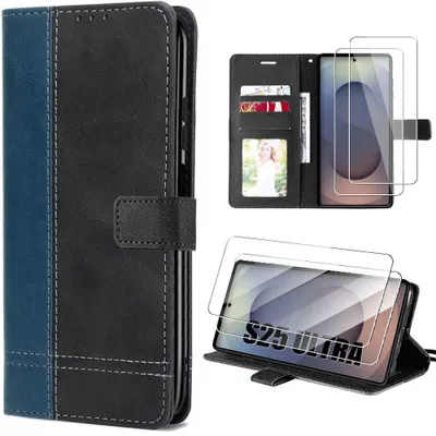 Image de Coque + 2 Verres Trempés pour Samsung Galaxy S25 Ultra, Protection Anti-Rayures Effet Cuir Bicolore Bleu Marine