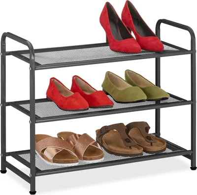 Produktbild von Relaxdays Schuhregal, 6 Paar Schuhe, HBT: 48x60x25 cm, Metall Schuhablage, schmal, 3 Ablagen, Flur Schuhgestell, schwarz