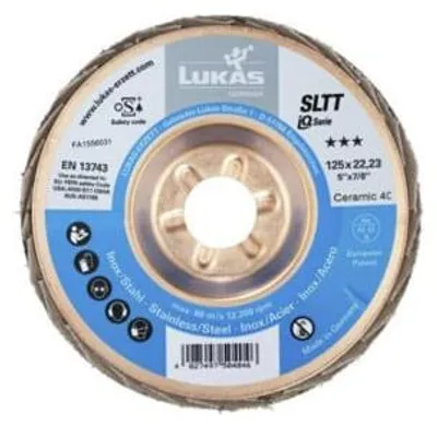 Zdjęcie produktu dla Tarcza listkowa LUKAS SLTT (CER), płaska do INOX, Ø 125 mm, ziarnistość: 40